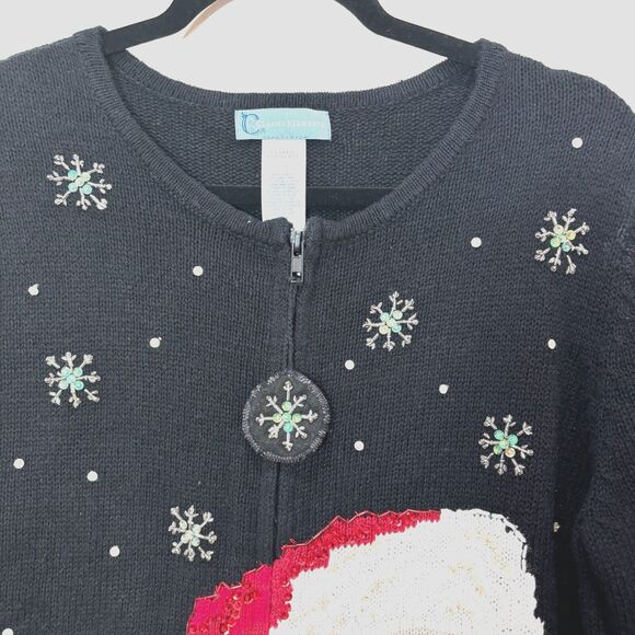 VTG Ugly Black Christmas Sweater Cardigan L Santa 3D Beads Snowflake Tacky - Picture 4 of 11
